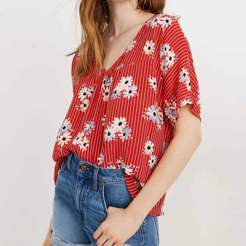 Madewell Rhyme Top in Daisy Society Red Floral & Stripe Print Casual Shirt - Picture 3 of 13